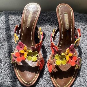 Louis Vuitton Women’s Brown Leather Floral Slide Sandals - Multicolor Flowers